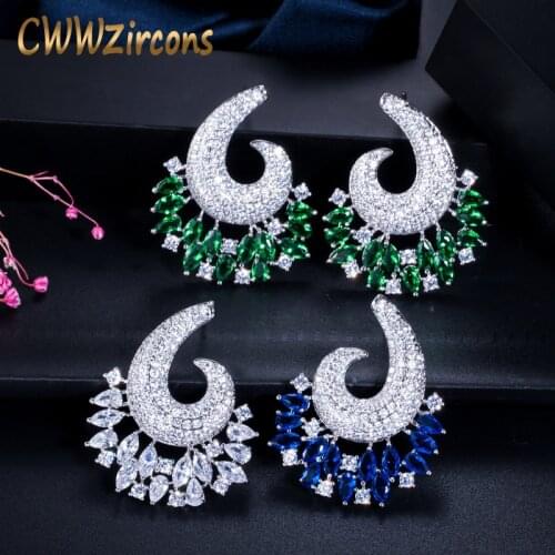 CWWZircons Luxury Green Blue Cubic Zirconia Big Flower Brand Stud Earrings for Women Wedding Fashion Costume Jewelry Gift CZ442