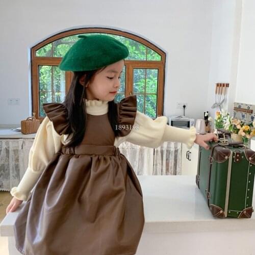 2021 Spring Autumn New Girls Leather Dress Childrens Strap Leather Dress Korean Kids Retro Clothes