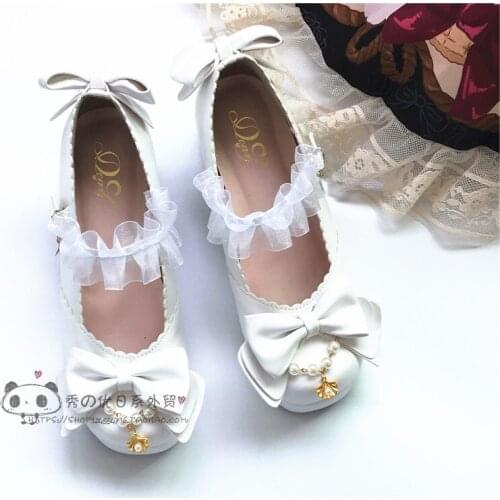 Kawaii Girl Tea Party Sweet Lolita 3 Colors PU Lovely Loli Shoes Lace Pearl Japanese Middle Heel Cosplay Anime Lolita Shoes