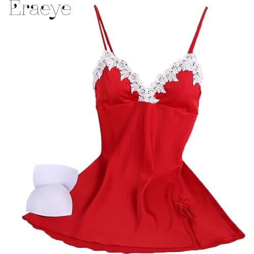 ERAEYE Women Sexy Nightdress Faux Silk Baby Dolls Sleepwear Lace Lingerie Babydoll Pyjamas With Chest Pad Nightgowns Sleepshirts