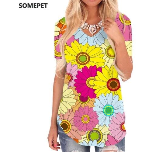 SOMEPET Flower T Shirt Women Colorful T-shirts 3d Romantic V-neck Tshirt Art Tshirts Printed Womens Clothing Hip hop Printed