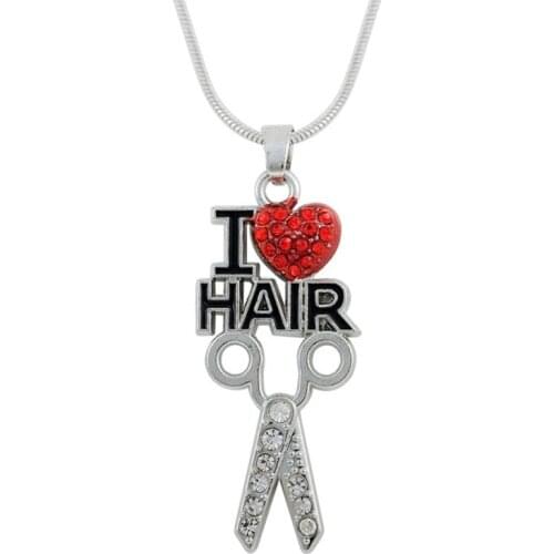 Rhinestone I LOVE Hair Pendant Necklace Exquisite Crystal Red Heart Barber Scissors Jewelry Gift Wholesale