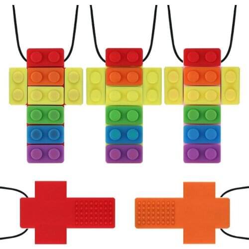 Sensory Chew Necklace Brick for Kids Silicone Colorful Chewy Biting Teether Toy for Children with Autism