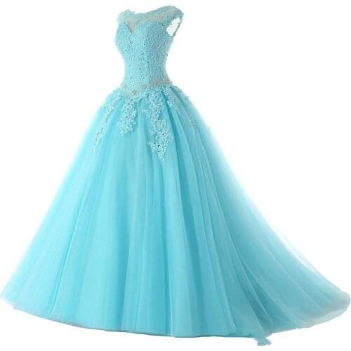 Lace Appliques Quinceanera Dresses with Open Back Sky Blue Beaded Prom Dress robe de soirée de mariage платье на выпускной