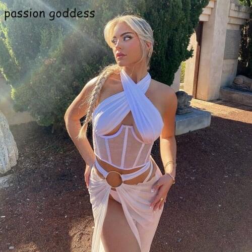 Summer Sexy Halter Off Shoulder Satin Mesh White Bustier Corset Top Women Backless Club Party Streetwear Body Shaping Tank Tops