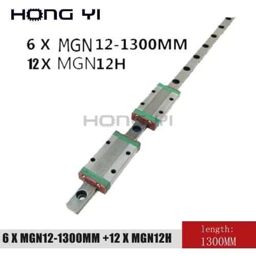 6PCS 12mm Linear Guide MGN12 L= 1300mm linear motion rail + 6pcs MGN12H Long linear carriage for CNC X Y Z Axis