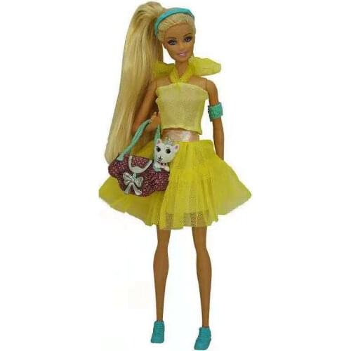 Fashion 11.5" Doll Outfits For Barbie Clothes Yellow Shirt Tops Lace Skirt Shoes Dog Bag Hairpin Armlet 1/6 BJD Dolls Accessory