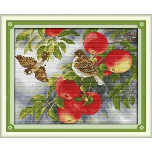 Birds and apples stitch kit aida 14ct 11ct count printed canvas stitches embroidery DIY handmade needlework