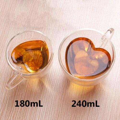 New 180mL/240mL Heart Love Shaped Double Wall Glass Mug Resistant Kungfu Tea Mug Milk Lemon Juice Cup Drinkware Lover Coffee Cup