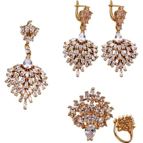 New Wedding Fashion Jewelry Sets accessories Hoop Gold Earrings Rings Necklace Pendent White Stone Zircon Women 3pcs set