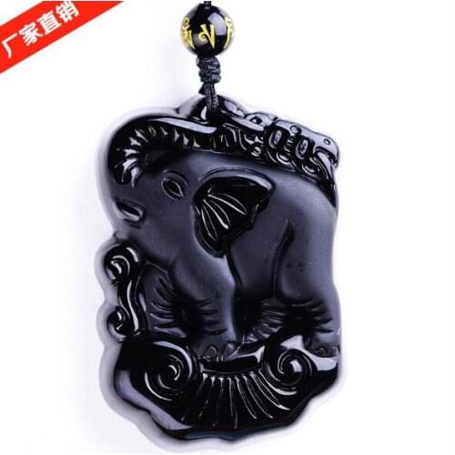 Natural Stone Obsidian Pendant Bead Necklace Black A Carved Elephant Fine Carving Polishing Lucky for Men Women
