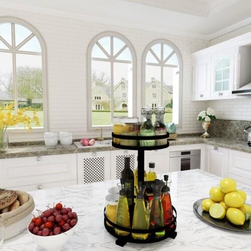Kitchen shelf seasoning rack space saving 2 layer rotating black stainless steel condiment rack LU5187