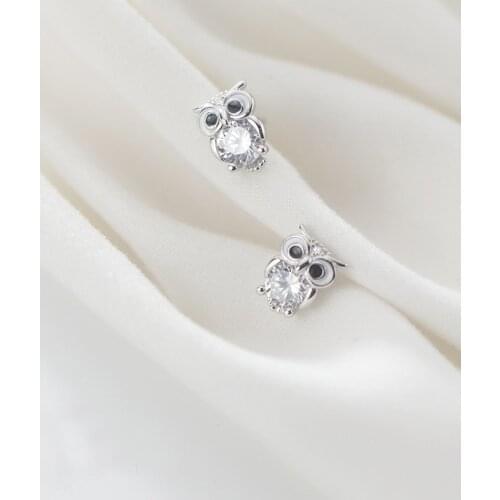 Real 925 Sterling Silver Cute Owl Stud Earrings White and Black Zircon Animal Studs Fine Jewelry for Women Girls Gifts