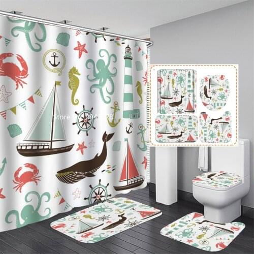 Cartoon Character Shower Curtain Floor Mat Toilet Mat Waterproof and Mildewproof Washable with Hook Home Bathroom Decoration