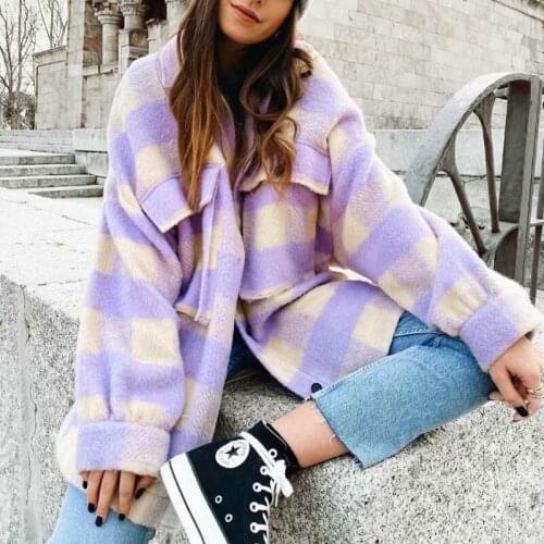 Women Spring Autumn Fashion Purple Plaid Coat Casual Long Sleeve Turn-down Collar Casual Streetwear Buttoned Tops S-L