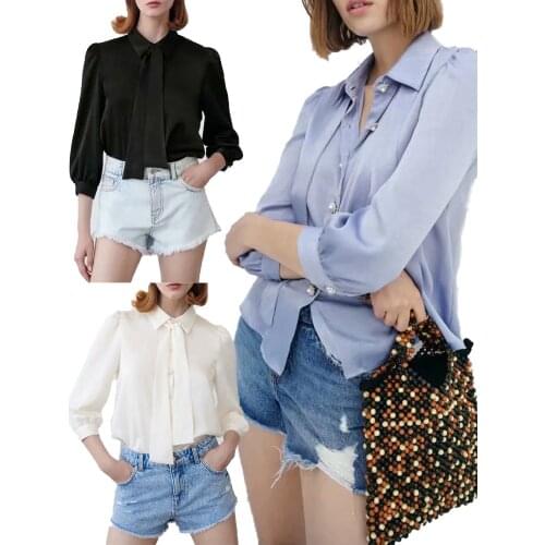 ZA summer new ladies temperament age reduction wild bow pearl button shirt