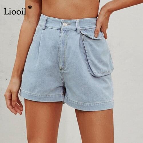 Liooil Casual Denim Shorts Women 2020 Summer Zip Up With Button Pockets Mid Waist Straight Leg Female Slim Blue Short Jeans
