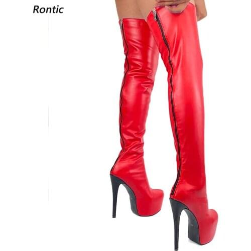 Rontic Women Winter Over The Knee Platform Boots Unisex Stiletto Heels Round Toe Pretty Red Purple Night Club Shoes US Size 5-20