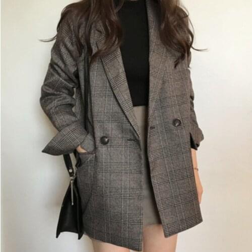 2021 Winter Women Chic Slim Blazer Plaid Vintage Pocket Office Ladies Formal Blazers Casual Jacket Coat