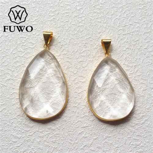 FUWO Fashion Faceted Clear Quartz Pendant With 24K Gold Electroplated Brass Bezel Waterdrop Crystal For Women Jewelry Make PD205