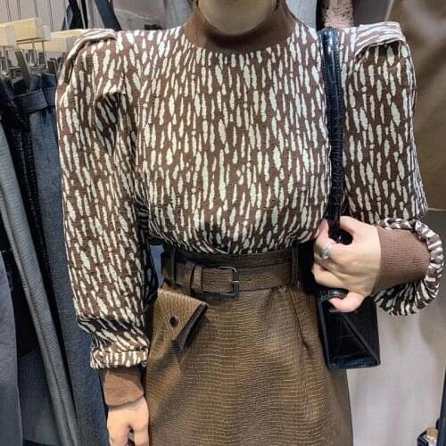 Womens Pullover Vintage Printing Chiffon Shoulder Pad Puff Long Sleeves Loose Tops Wholesale 2021 New Fashion Lady Clothing