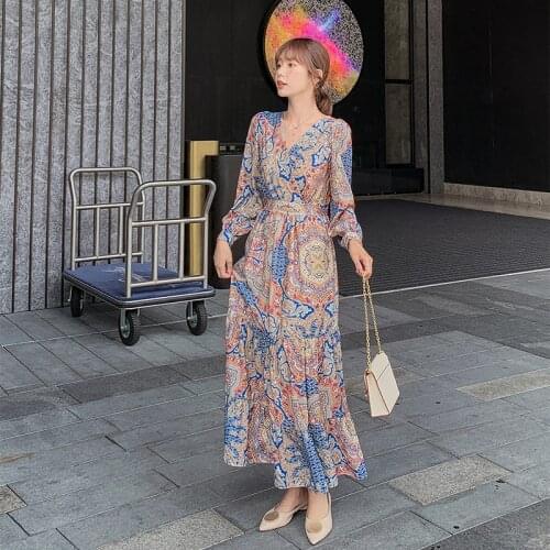 Maxi Women Boho Chiffon Long Sleeve Dress Autumn Spring Runway 2020 Ethnic Elegant Dress Korean Casual Vacation Party Dress New