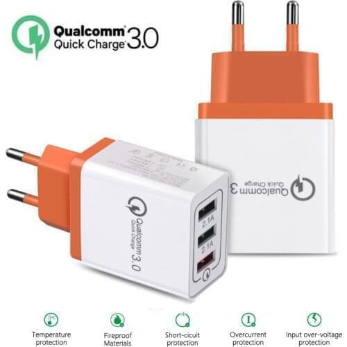 100PCS 18W USB Quick charge 3.0 5V 3A Fast Wall Charger Adapter 3 USB Mobile Phone Charger For for iPhone Huawei Samsug