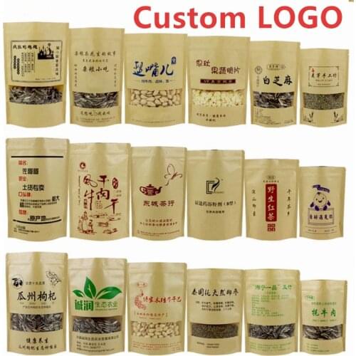 100pcs Custom logo kraft paper stand up bag with clear window, customize candy nuts coffee tea storage pouches bags with zipper