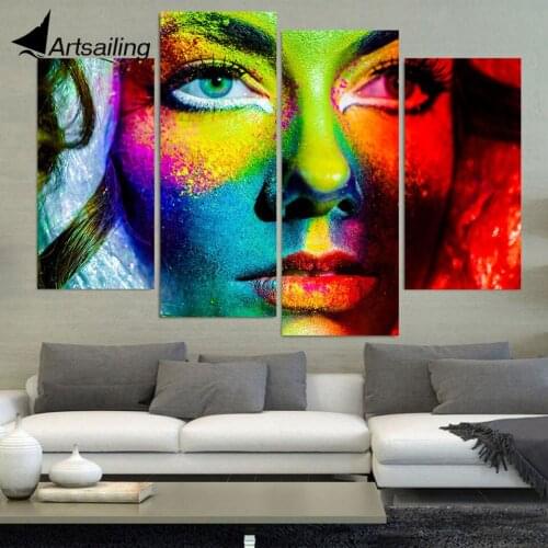 HD Printed Canvas Prints Color Face Makeup Painting Art 4pcs Poster Room Decor Wall Picture for Living Room Free shipping XA392D