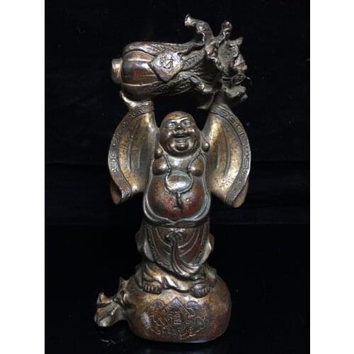 8" Tibet Buddhism Old Bronze Cinnabars Millerford Cite cabbage Step on the gold bag Lucky fortune Enshrine the Buddha Hall