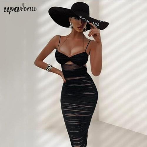 Free Shipping 2021 New Summer Womens Draped Mesh Dress Sexy Sling Sleeveless Hollow Bodycon Halter Club Night Party Vestidos