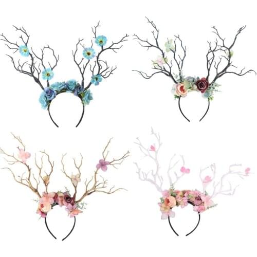 K3NF Flower Crown Hair Wreath Deer Antlers Headbands Reindeer Headdress Floral Headwears Holiday Wedding Photo Props