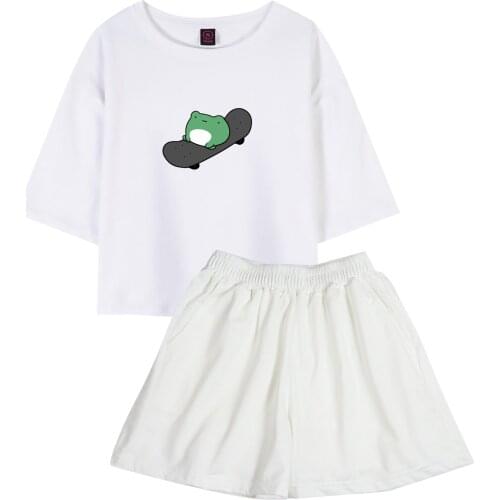 Kawaii Skateboard Frog Top 90s Aesthetic Harajuku T Shirt Women Cotton Short Sleeve Two Piece Set Fashion Shorts Outdoors Wears