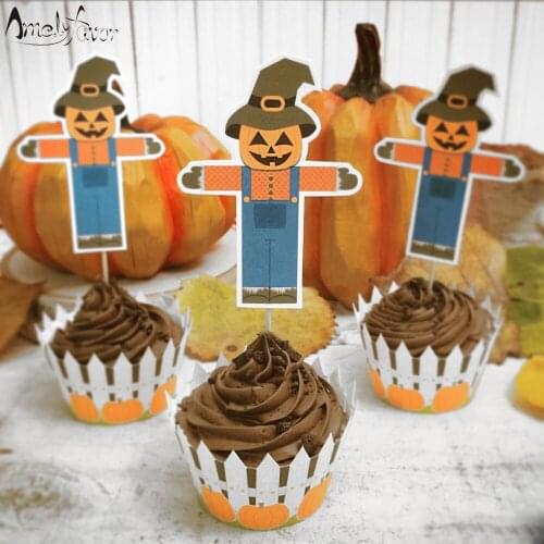 Halloween Cupcake Toppers and Cupcake Wrappers Scarecrow Pumpkin Jackolantern Fall Harvest Festival Cute Autumn Decor Supplies