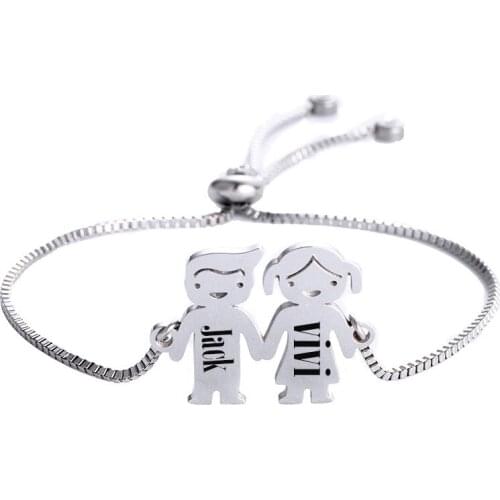 Customized Couple Lovers Bracelet Stainless Steel Engraved Name Date Adjustable Bangles For Child Birthday Couple Gifts