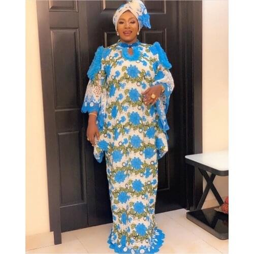 Lace African Dresses for Women Boubou Robe Femme African Dress Dashiki Embroidered Flower Kaftan Dress Africa Plus Size Clothing