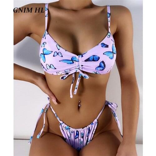 GNIM Sexy Drawstring Bikini Set 2021 Bandage Micro Swimwear Women 2 Pieces Backless Butterfly Print Swimsuit Female Biquini New