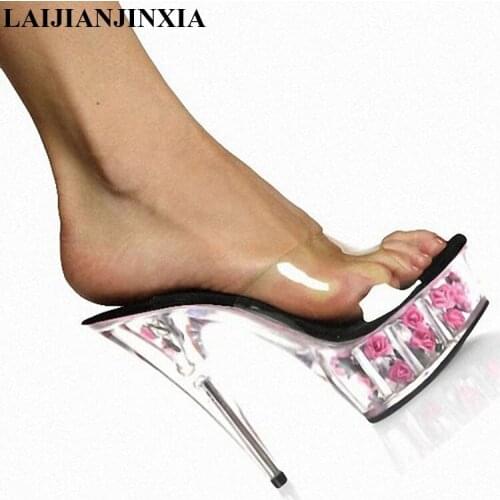 LAIJIANJINXIA New Fashion High-Heeled Shoes 15cm Thin Heels Rose Formal Dress Sandals 6 Inch Sexy Flower Crystal Shoes