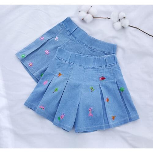 Summer Girls Cotton Denim Shorts Jeans Print Divided Skirts Ruffle Pants Kids Clothes Children Teenager Flowers Embroidery Short