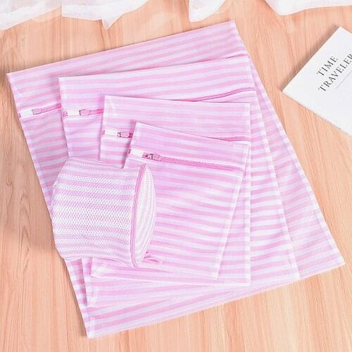 Pink Stripe Polyester Laundry Bag Underwear Bra Socks Washing Bag Protecting Delicate Dress Clothes Wash Kit Dirty Laundry Pouch
