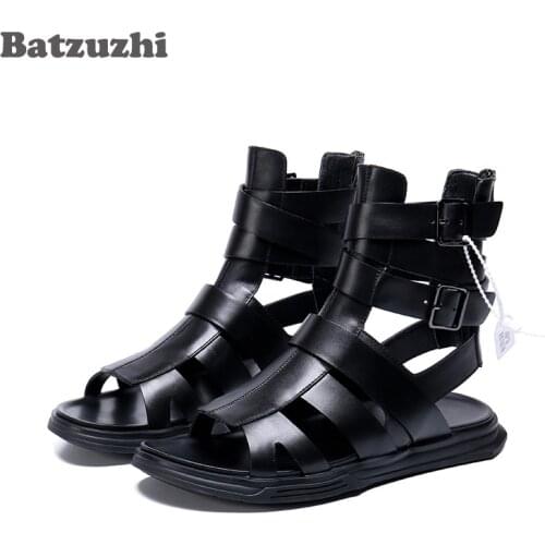 Batzuzhi Handmade Mens Shoes Comfortable Black Leather Summer Sandal Shoes Ankle Beach Sandal Shoes Men zapatos mujer, EU38-46