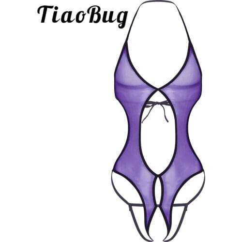 Mens Lingerie Mesh Halter Neck Lace-up Bodysuit Erotic Sexy See-through Crotchless Sleepwear Underwear Open Crotch Nightwear