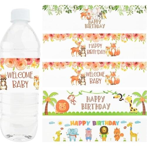 Safari Cartoon Animal Water Bottle Label Happy Birthday Bottle Wrappers Jungle Party Kids Birthday 1st Party Decoration Supplies