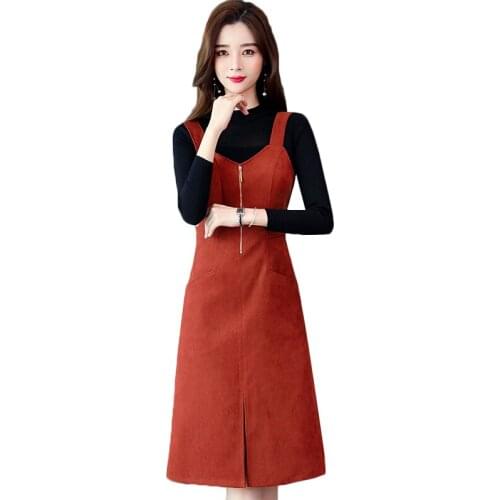 Office Lady Suspender Dress + Black Knitted Sweater Pullover Tops Spring Suit Elegant Plus Size Two Piece Set Women Clothing 586