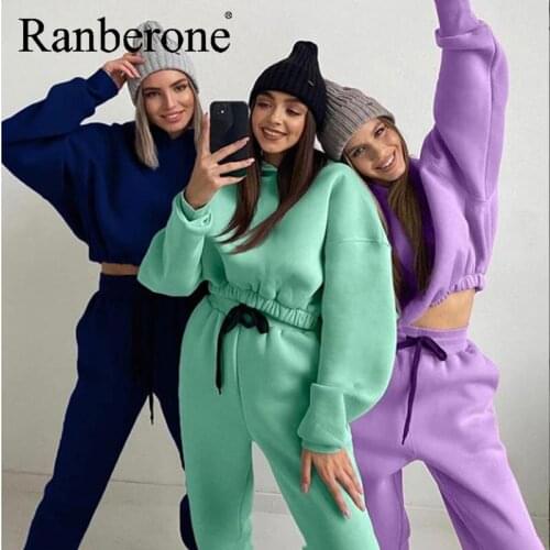 Ranberone Two Piece Set Casual Fleece Tracksuit Women Long Sleeve Hoodie Pullover Sport Pants Lady Runing Suit Sportswear 2021