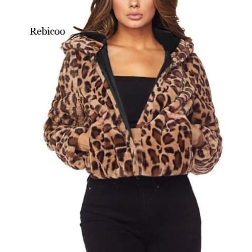 Luxury Faux Fur Coat Leopard Print Winter Autumn Thick Warm Fur Jacket Slim Womens Hooded Hoody Pockets Casual Outerwear