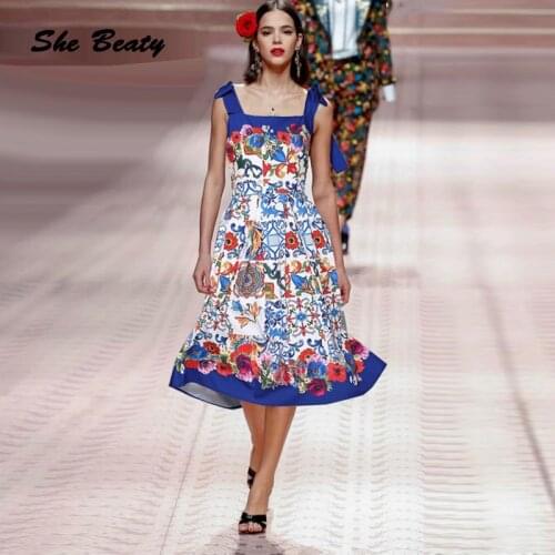 She Beaty Runway Dress Women 2021 New Fashion Vintage Floral Printed Sleeveless High Waist Plus Size Elegant Beach Midi Dresses