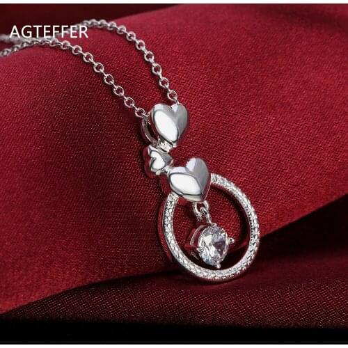 AGTEFFER 925 Sterling Silver 18 Inch Heart-Shaped Circle Pendant AAA Zircon Necklace For Women Fashion Wedding Charm Jewelry