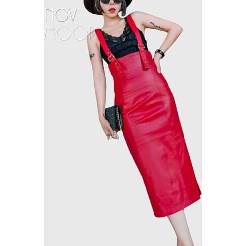 Novmoop autumn winter women black red sheepskin genuine leather strap pinafore dress robe hiver femme vestido mujer LT2893