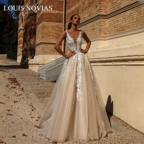 LOUIS NOVIAS Sexy V-neck Appliques A-Line Wedding Dresses 2019 Romantic Backless Tulle Wedding Gowns Plus Size Vestido De Novia